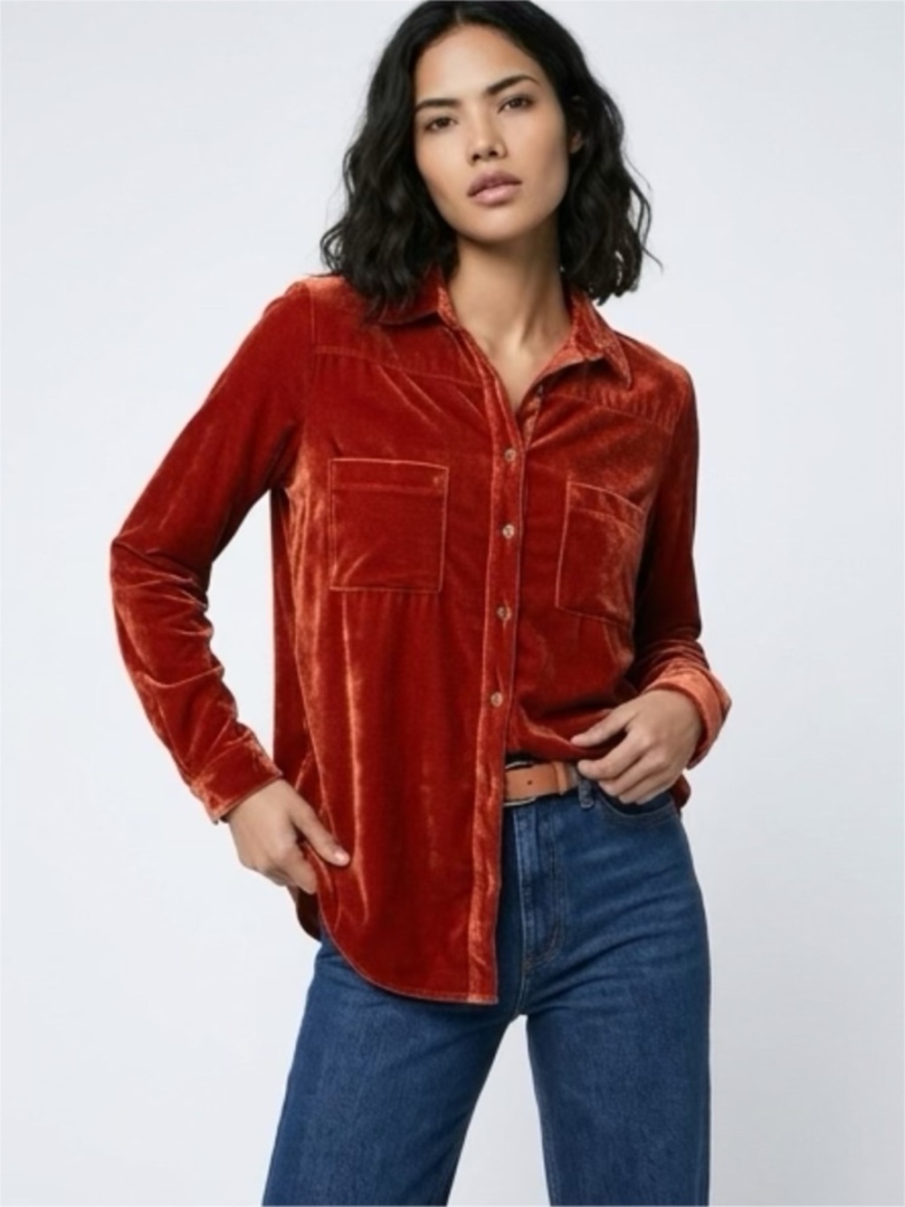 UMGEE VELOUR  DEEP ORANGE BUTTON DOWN LONG SLEEVE SHIRT, MEDIUM